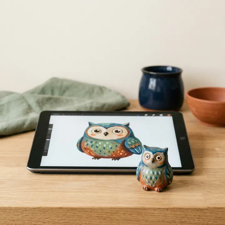 A tablet showing a painted owl character, with a small painted figurine of the same owl in front of it