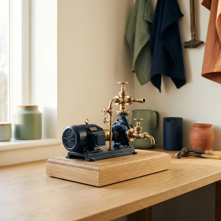 A navy and brass scale model of an industrial pump on a small oak display base