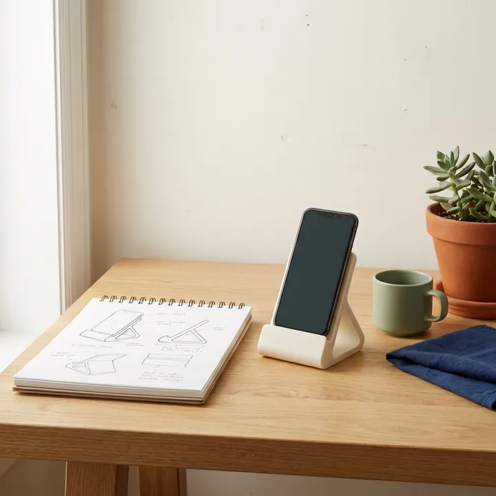 A notebook sketch of a phone stand next to an off-white prototype of the stand holding a phone